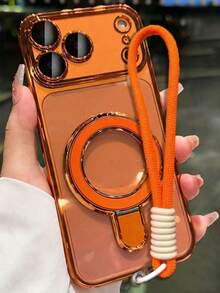 Ốp lưng điện thoại sạc không dây trong suốt mạ điện cao cấp có vòng từ tính và dây đeo, phù hợp với 17 Pro Max, 17 Pro, 17, 16 Pro Max, 16 Pro, 16, 15 Pro Max, 15 Pro, 14 Pro Max, 14 Pro, 14, 13 Pro Max, 13 Pro, 13, 12 Pro Max, 11, kèm dây đeo cổ tay bảo vệ. - trái cam - Xem 2