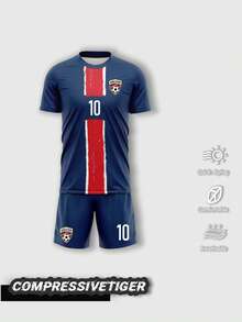 2 pièces Ensemble de maillot de football personnalisé - T-shirt à manches courtes + short imprimés avec nom et numéro personnalisables, tenue de sport séchage rapide, convient comme cadeau - Bleu marine - Voir 2