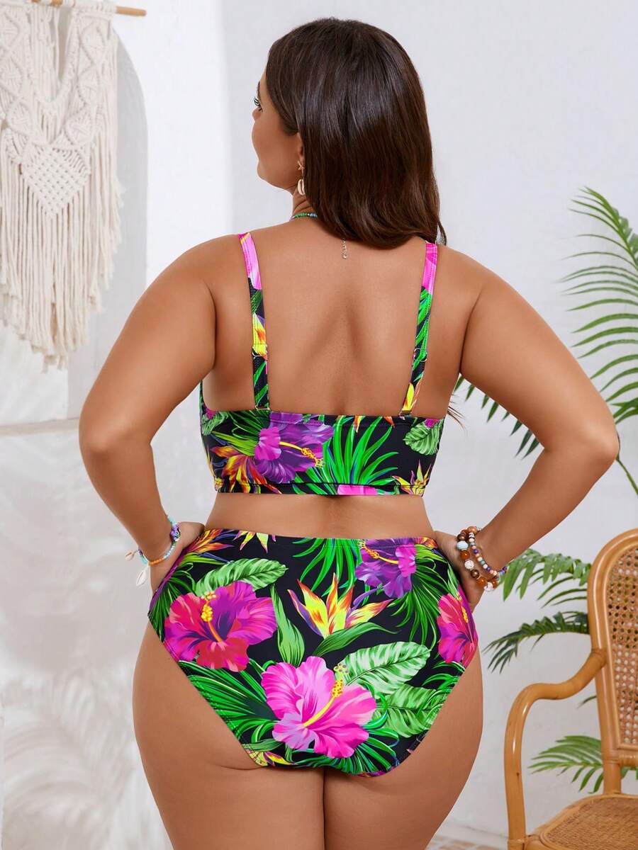 2026 New Plus Size Bandeau Bikini Tropical Floral Swimsuit For Women High Waisted Two Piece Bathing Suit Adjustable Straps Removable Pads 14W-22W - Hồng - Xem 1