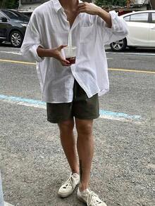 Men's Solid Color Long Sleeve Single-Breasted Pocket Loose Casual Shirt, Autumn - 白色 - 查看 4