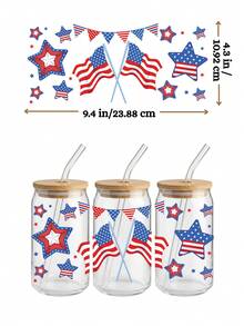 4 件套爱国美国国旗 UV DTF 转印贴纸（9.4x4.3 英寸），无需加热；水彩花卉图案，7 月 4 日独立日包装纸；西部牛仔靴帽向日葵贴纸，适用于 16 盎司 Libbey 玻璃杯，DIY 礼品 - USA 04 - 查看 5