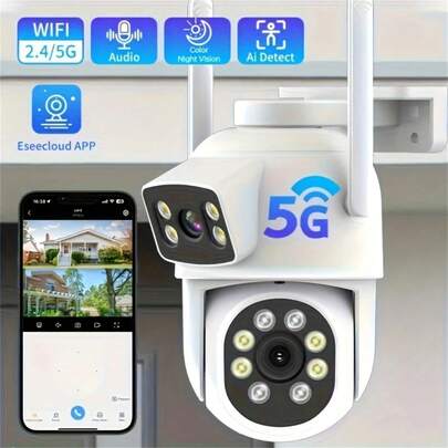 1PC 2.4G/5G Hz 户外双镜头安防摄像头，4MP（2MP+2MP）高清监控摄像头，家用无线闭路电视摄像头，彩色夜视，双向语音，移动追踪，多人共享，远程查看，手机App控制，355°水平旋转和90°垂直旋转，家用监控摄像头。