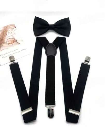 1 Set Men's Black Casual Bow Tie & Suspender Set, Suspender Clips