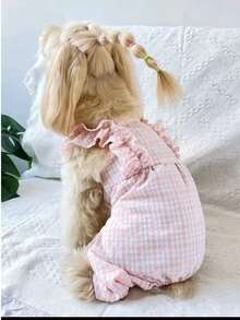 1件柔软舒适的格子荷叶边连体衣，休闲宠物服装 - 粉色 - 查看 3