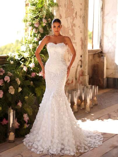  UNITHORSE Women Lace Patchwork Strapless Backless Elegant Fish Tail Wedding Gown Dress,Bride, All White Party Outfit Women, For Valentine's Day Spring