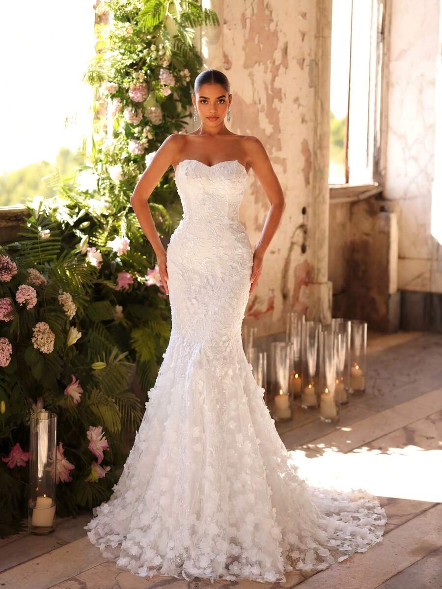 UNITHORSE 女士蕾丝拼接无肩带露背优雅鱼尾婚纱礼服，新娘，全白派对装扮，适合情人节和春季穿着