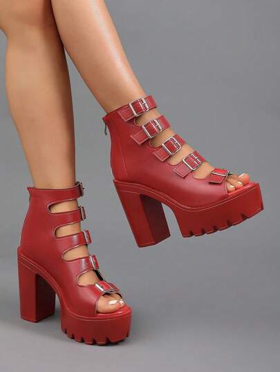 1 Pair Women's New Summer Thick Heel High Heel Sandals, Exterior Double Buckle Hollow-Out Back Zipper, Versatile & Stylish