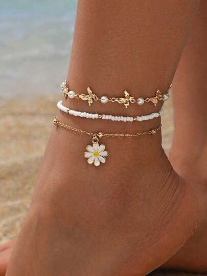 3pcs/Set Fashionable Handmade Daisy Flower, Butterfly & Faux Pearl Beaded Anklet, Suitable For Daily Wear, Beach Holiday, Party, Adjustable Chain Length