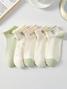 5 paires de chaussettes courtes invisibles en dentelle, motifs fraise, lapin, pois, respirantes et mignonnes pour femmes. Chaussettes blanches, vertes, convenant pour le port décontracté quotidien, printemps/été, toutes saisons - Multicolore - Voir 8