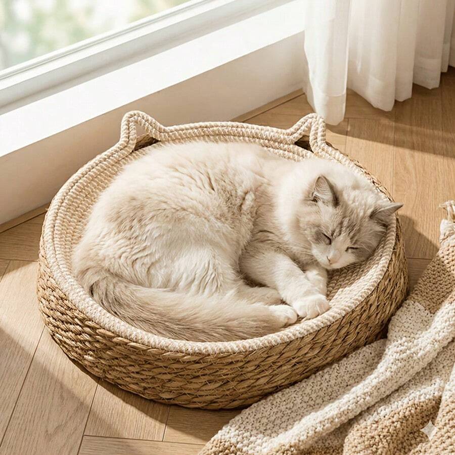 2-In-1 Round Woven Cat Scratching Bed With Cute Cat Ears - Durable Rope Scratching Post And Cozy Sleeping Bed, Indoor Cat Resting Station, Space-Saving Scratch & Nap All-In-One, Cat Bed Mat