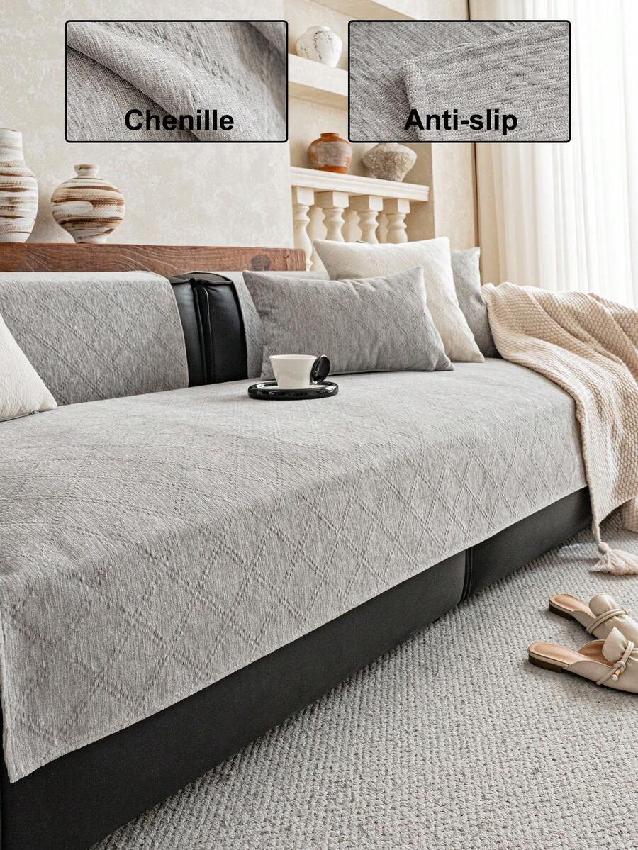 1pc Solid Color Chenille Linen-Like Texture Sofa Cover, Minimalist Ins Style Design, Pet Friendly, Durable, Washable, Suitable For Living Room, Bedroom, Study, Outdoor, Fits 1/2/3/4 Seater Sofa - Grey - View 1