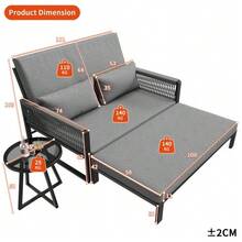 Garden Lounger With Woven Iron Armrests / Weatherproof Outdoor Sofa / Includes Glass Coffee Table & Cushions / Grey - Gray - View 2