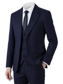 SOLOVEDRESS Men's Suits Striped Tuxedos 3 Piece Pinstripe Casual Formal Business Men Suit Groomsman Male Groom For Wedding - 藏蓝色 - 查看 1