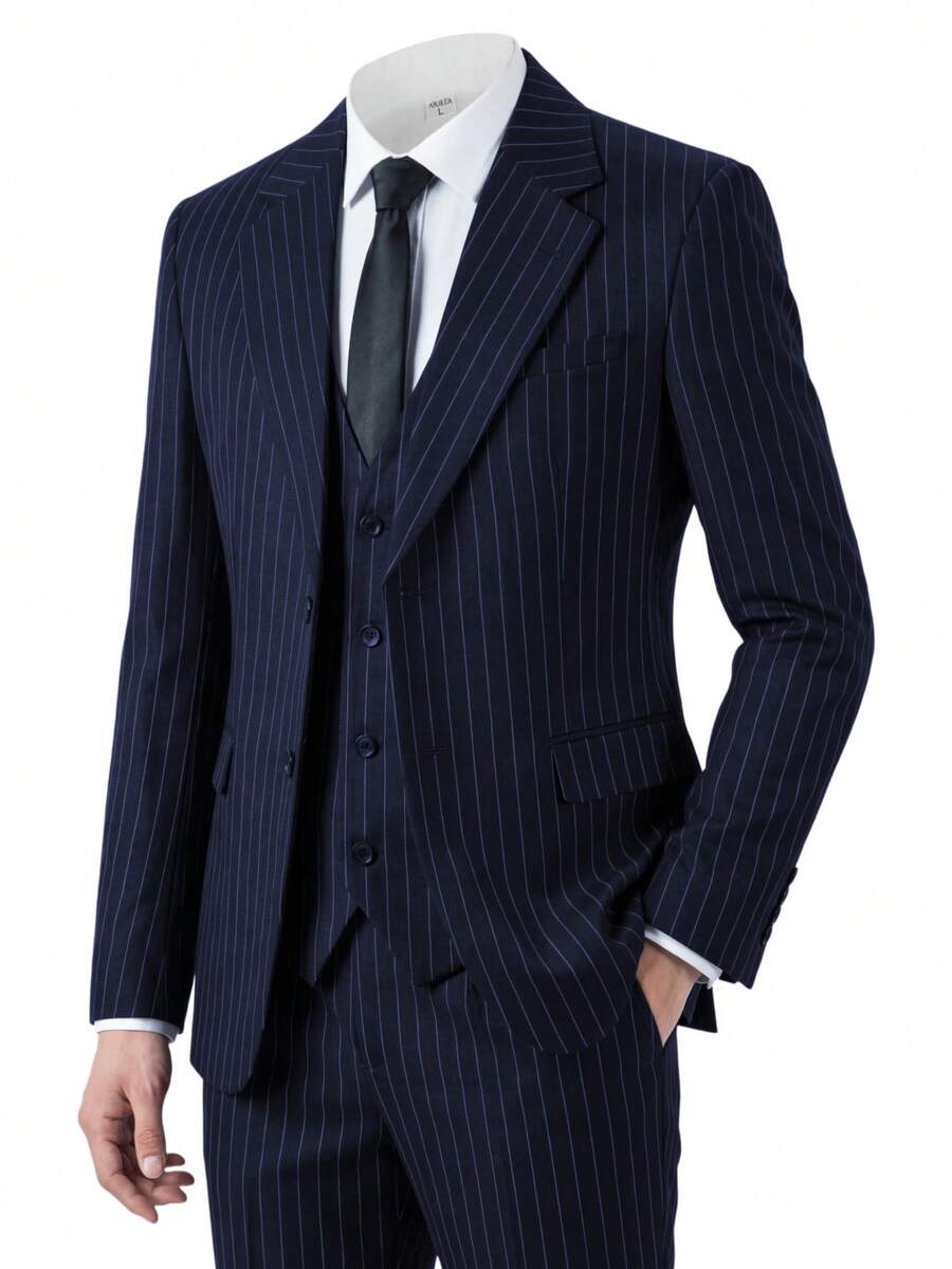 SOLOVEDRESS Men's Suits Striped Tuxedos 3 Piece Pinstripe Casual Formal Business Men Suit Groomsman Male Groom For Wedding - 藏蓝色 - 查看 1