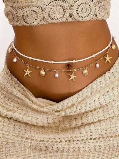 2pcs Bohemian Style Multi-Layer Beach Pearl & Starfish Beaded Waist Chain, Women Beach Body Jewelry
