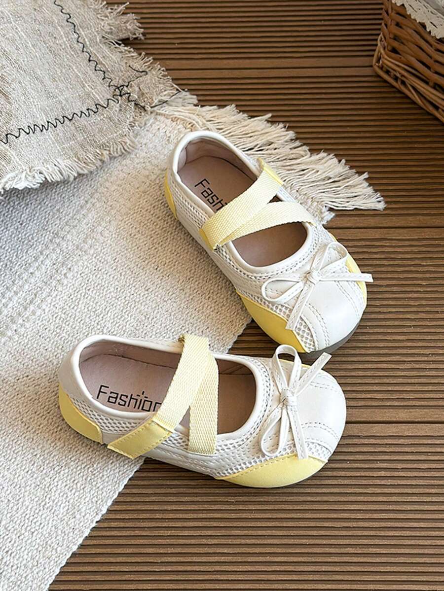 1 Pair 2026 Girls' Mesh Bow Cross Strap Round Toe Mary Jane Flat Shoes, Suitable For School Daily Wear - Yellow - View 1