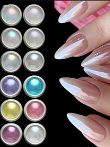 Set de 12 pudre decorative pentru unghii cu perle Aurora, efect de oglindă metalică iridescentă, curcubeu, potrivite pentru ojă cu gel și nail art - Multicolor - Vizualizare 2