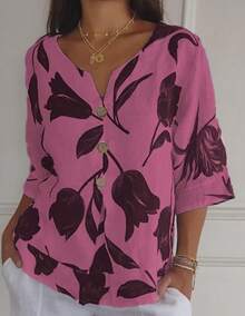 2026 New Printed Cotton-Linen V-Neck Short-Sleeve Pullover Shirt, Summer Outfits For Women - 黃色 - 查看 10