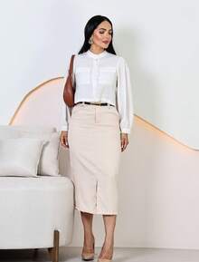 Women's Elegant Tailored Midi Skirt With Belt - 米色 - 查看 5