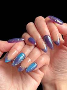 10片装女士及女孩手工杏仁形亚克力按压式假指甲 - 可爱猫眼造型，饰以金色线条，Y2K INS风，包含全套美甲工具，完美适用于派对、舞会、节日庆典、日常造型及特殊场合，是时尚可爱女性及少女的理想礼物。 - 彩色 - 查看 7