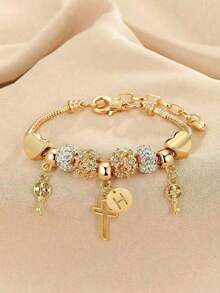 1pc 26 Letter, Heart, Cross, Flower Beaded Bracelet, Fashionable Youth Keychain, Cross Pendant Bracelet - Multicolor - View 15