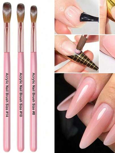 3 cọ vẽ móng acrylic màu hồng chuyên nghiệp, cỡ 8/10/14, thích hợp cho việc nối móng bằng bột acrylic, tạo hình 3D.