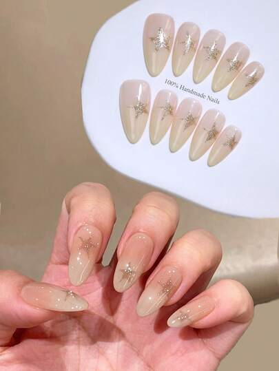 10Pcs Luxury Handmade Ombre Nude & Golden Star Press On Nails | Glitter Almond False Nails | Reusable Salon-Quality Nail Art Fake Nail Tips For Wedding & Party