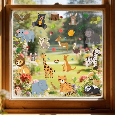 BRUP 1/3 Tờ Hình Dán Cửa Sổ Trẻ Em Hình Động Vật Rừng Hoạt Hình Có Thể Tháo Rời – Hình Dán Cửa Sổ Động Vật Rừng Dễ Thương Cho Phòng Trẻ Em, Phòng Ngủ, Tự Trang Trí Phòng, Những Người Bạn Động Vật Vui Nhộn