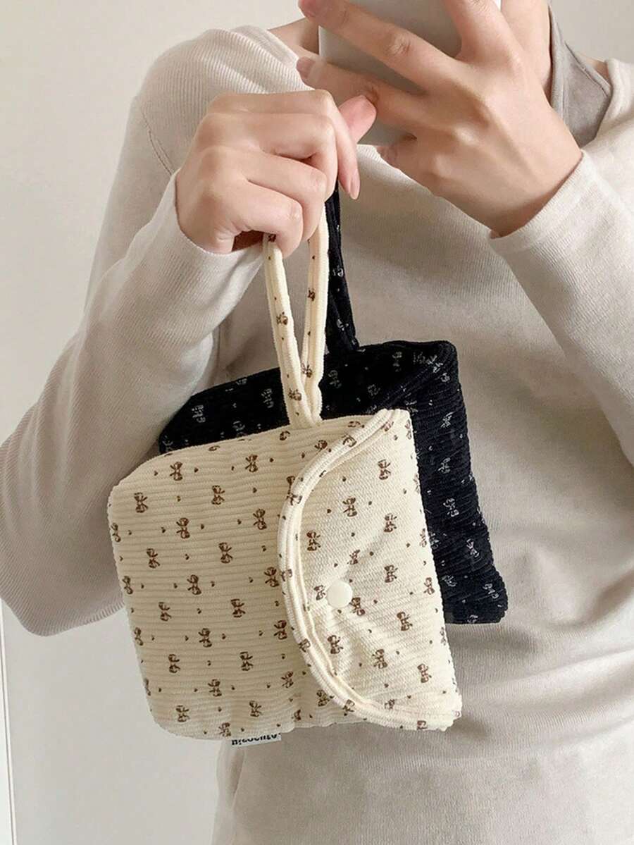 1个便携式灯芯绒卫生巾收纳袋/迷你化妆包/化妆品整理袋，带腕带，时尚蝴蝶印花小钱包，适合女性，可装口红、护肤品、硬币、钥匙，是旅行、学习、户外活动的理想之选。