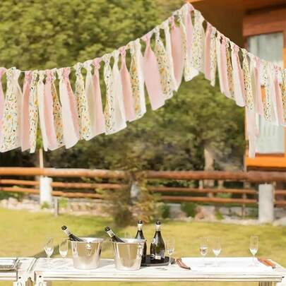 Floral Pattern Party Fringed Chiffon Tassel Hanging Banner, Photography Prop