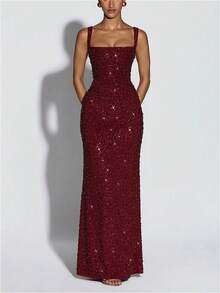 Elegant And Fashionable Women's Clothing With A Socialite Style, Slim Fit, Hip Hugging, Imitation Handmade Iridescent Sequin Suspender Dress For Women - Màu đỏ sẫm - Xem 1