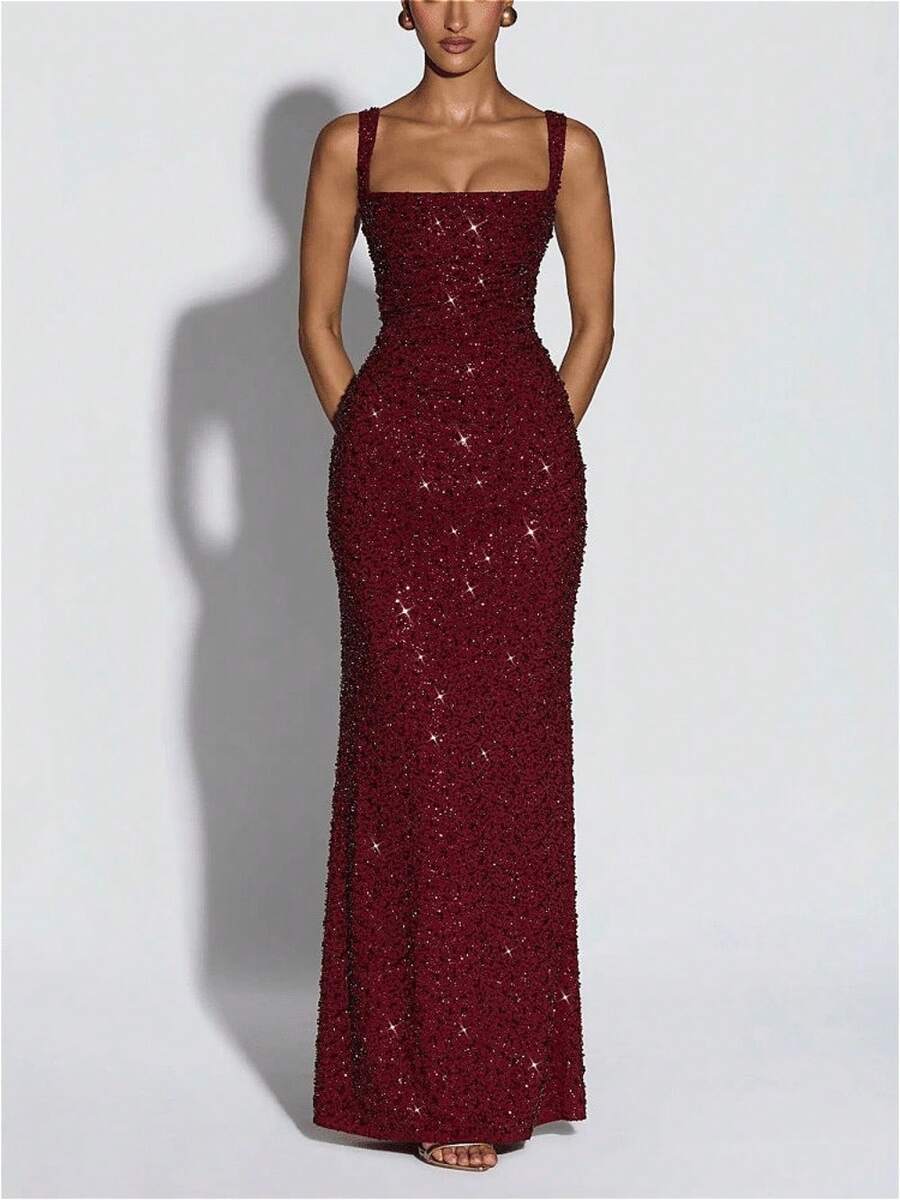 Elegant And Fashionable Women's Clothing With A Socialite Style, Slim Fit, Hip Hugging, Imitation Handmade Iridescent Sequin Suspender Dress For Women - Màu đỏ sẫm - Xem 1