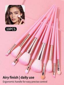 10Pcs Soft Pink Makeup Brushes Set Synthetic Hair For Blush, Eyeshadow, Concealer & Brow - Pink - View 4