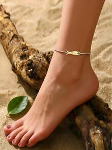 1pc Women's Bohemian Style Two-Tone Fish Anklet, Fresh Beach Vibe - Golden Yellow + Silver - View 4