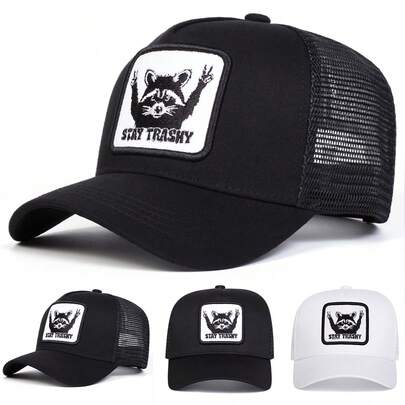Mũ lưỡi trai nam STAY TRASHY, mũ bóng chày thêu chữ và hình gấu trúc cá tính, mũ lưới thời trang đường phố, mũ che nắng ngoài trời, mũ thường ngày cho mùa xuân, mùa thu, du lịch, đi biển.