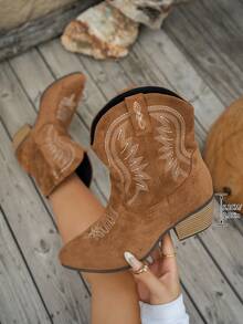 Women's Fashion Versatile New Slip-On Embroidered Wedge Heel Boots - Brown - View 2