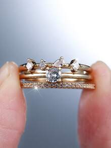 Vanel 1 Set Elegant Gold 3pcs White Cubic Zirconia Stackable Rings For Women, Mixed Cut Sophisticated Stacking Rings, Fashion Jewelry For Daily Wear And Parties - Golden Yellow-white - View 1