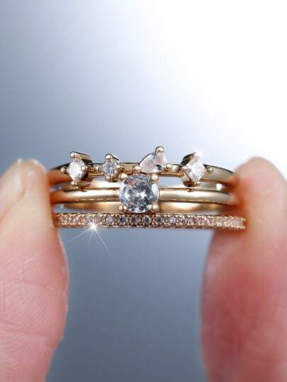 Vanel 1Set Elegant Golden 3 PiecesWhite Cubic Zirconia Stackable Ring Set For Women, Mixed Cut Dainty Stacking Rings, Fashion Statement Jewelry, For Daily Wear & Party