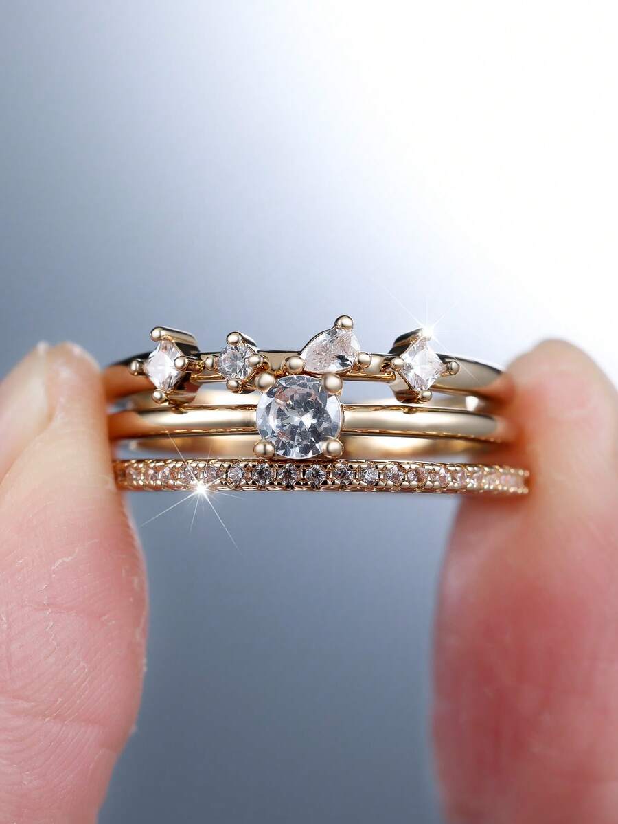 Vanel 1 Set Elegant Gold 3pcs White Cubic Zirconia Stackable Rings For Women, Mixed Cut Sophisticated Stacking Rings, Fashion Jewelry For Daily Wear And Parties - Golden Yellow-white - View 1
