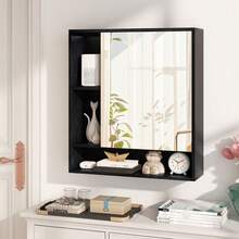 Wall Mounted Bathroom Cabinet With Mirror Single Door 3-Position Adjustable Shelf Hidden And Open Storage For The Bathroom, Living Room Or Entryway - Black - View 2