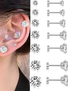 1对不锈钢立方氧化锆耳钉，男士嘻哈风格优雅耳环，简约不褪色百搭日常佩戴 - 銀色 - 查看 2