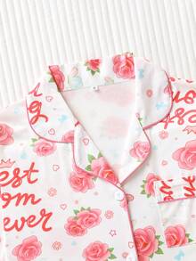 两件套浪漫玫瑰字母印花女士睡衣套装，高品质缎面面料，光滑舒适，宽松方便的纽扣长袖上衣和裤子，浪漫风格女士睡衣套装 - 粉色 - 查看 3