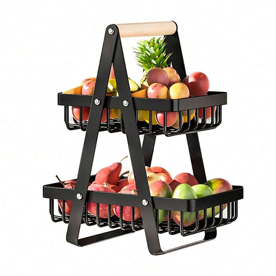 Luminpool 2 & 3 Tier Fruit Basket,Vegetable Rack,Bread Basket With Wooden Handle, Multifunctional Storage Rack, For Kitchens Home,Office - Black 2-tier - View 1