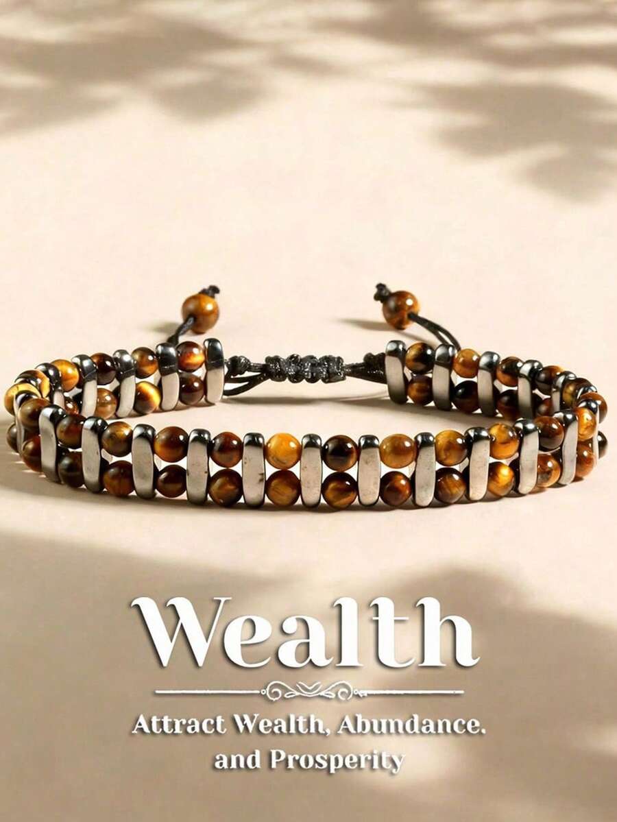 Pulsera hecha a mano de cuentas de piedra de ojo de tigre de doble capa, accesorio tejido de estilo punk hipoalergénico, adecuado para uso diario y como regalo - Multicolor - View 1