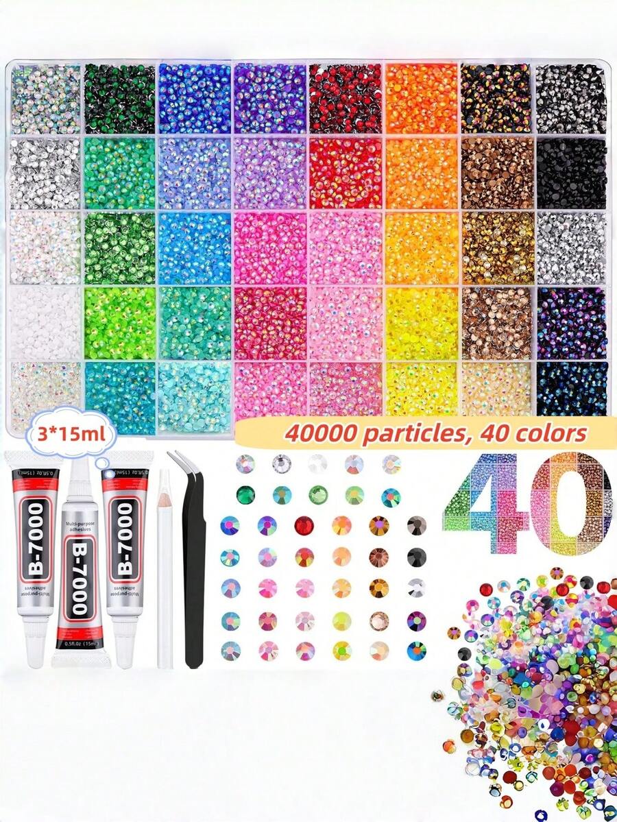 40000颗40色果冻水钻，3毫米多色树脂平底宝石，适用于钻石画，闪亮钻饰套装，可用于书籍、鞋子、美甲等工艺品制作，完美适用于美甲装饰、DIY美甲、手机壳、珠宝DIY - 彩色 - 查看 1