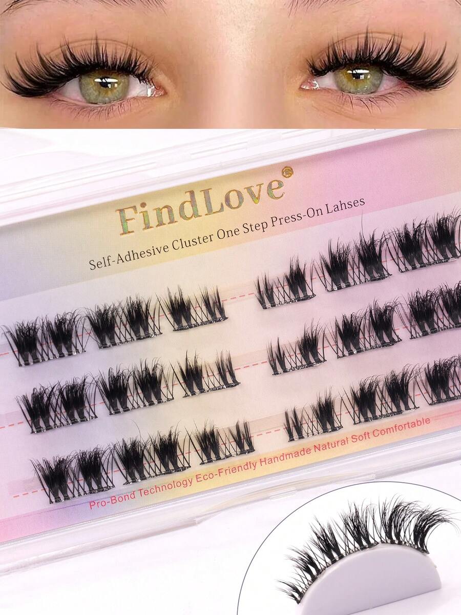 FindLove 18/36簇预粘式浓密假睫毛,按压式自然睫毛簇,无需胶水即可佩戴,漫画风格纤细假睫毛,隐形带,3D D卷翘睫毛,6-14mm,DIY单根假睫毛,化妆工具 - D - 查看 1