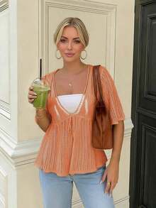 Women's Summer New Loose Hollow Lace-Up Knitted Cardigan, Minimalist Low Neck Short Sleeve Crochet Mesh Lightweight Sun Protection Top - 珊瑚橙 - 查看 3