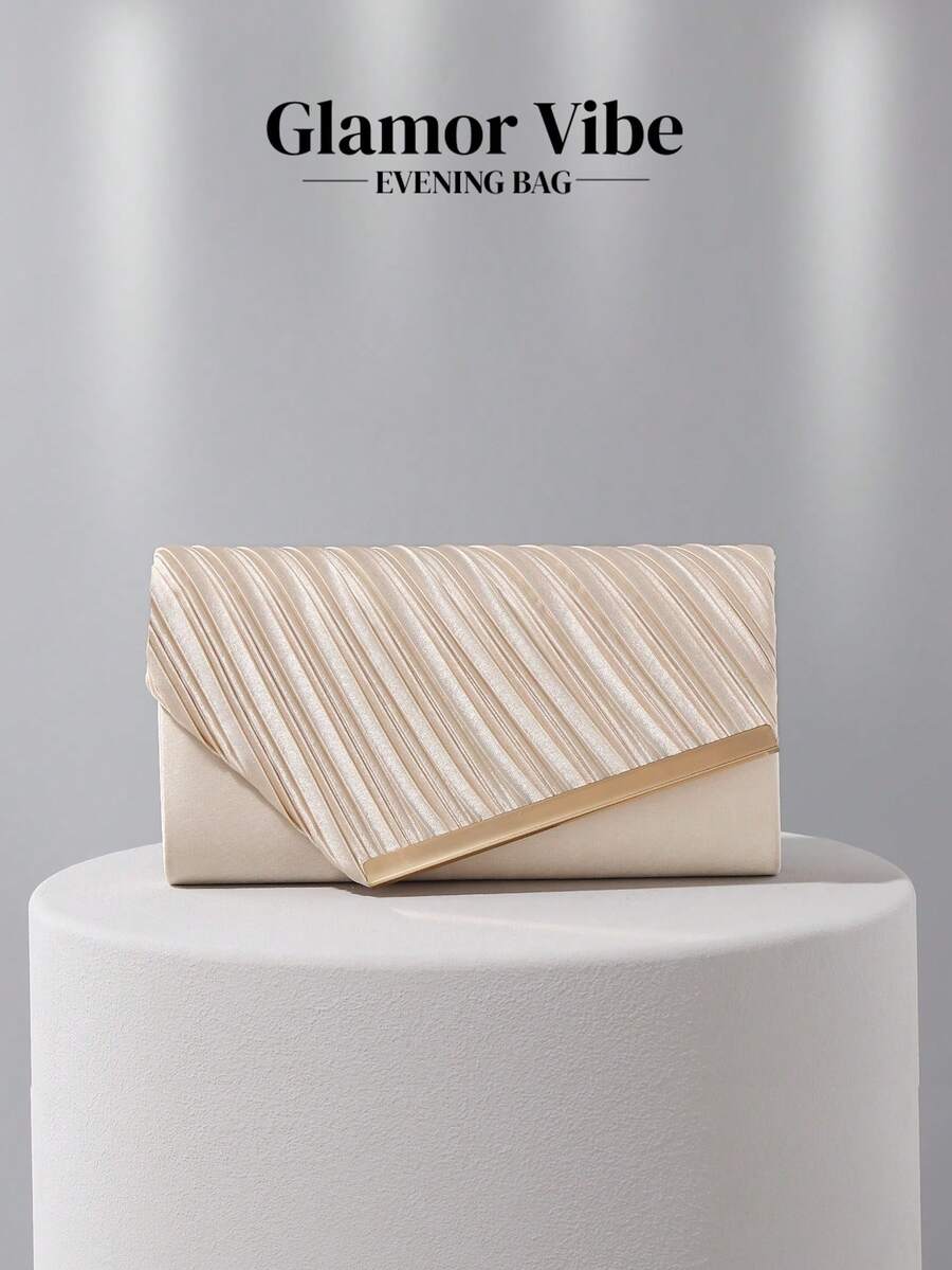 Bolso de mano de satén color champán plisado - Con cadena dorada desmontable, adecuado para bodas, fiestas, bailes de graduación