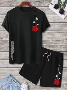 Manfinity Homme Men Floral & Slogan Graphic Short Sleeve Tee & Drawstring Waist Shorts Set, For Husband, Going Out - Black T-shirt - View 5