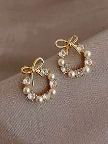 5 Pairs Elegant Rhinestone Glass Flower, Heart, Geometric Faux Pearl Earrings Set, Luxury Suitable For Vacation, Party, Daily Wear, Formal Events - Yellow Gold - View 7